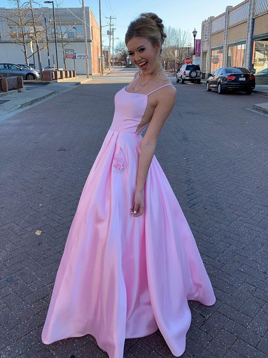 Vestidos largos de fiesta de satén con estampado floral, corte en A, con bolsillos, espalda descubierta, ideales para graduación o eventos formales.