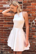 Vestido corto de fiesta de graduación sin mangas de satén, corte en A, con tul y cuentas, modelo PD385