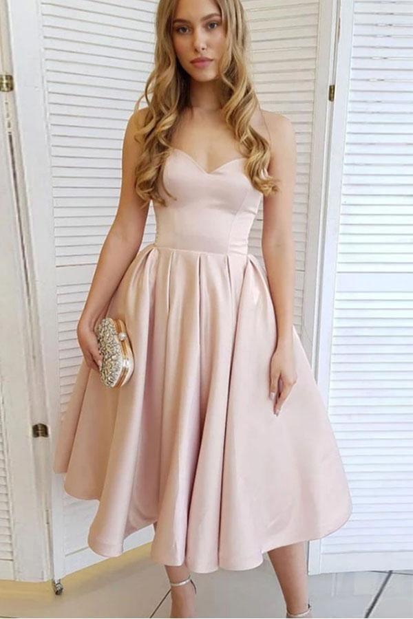 Vestido corto de fiesta de graduación PD414, corte en A, satén, escote corazón, largo té