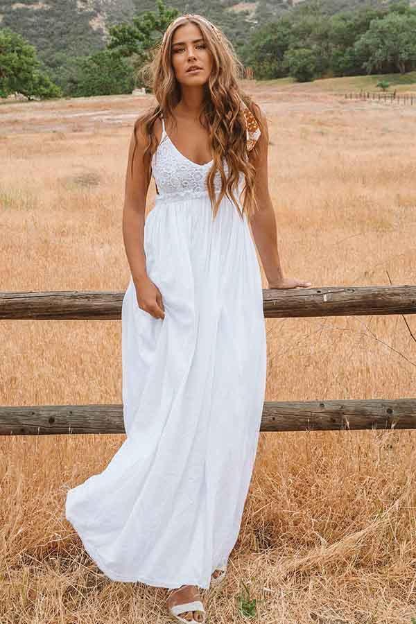 Vestido de novia playero de corte A, escote redondo, espalda descubierta y largo hasta el suelo, con encaje WD272