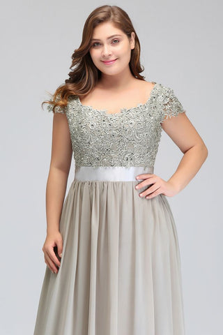 A-Line Scoop Floor Length Cap Sleeves Appliques Silver Evening Dresses with Sash