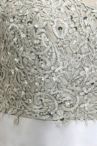 A-Line Scoop Floor Length Cap Sleeves Appliques Silver Evening Dresses with Sash