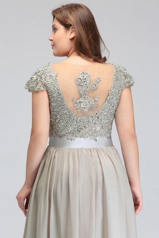 A-Line Scoop Floor Length Cap Sleeves Appliques Silver Evening Dresses with Sash