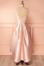 Vestido de fiesta rosa satinado con escote asimétrico y corte en A, con apliques, modelo PD120