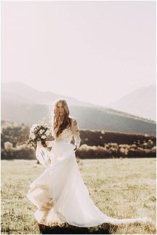 A-line Scoop Lace Wedding Dress Long Sleeve Rustic Wedding Dresses WD521