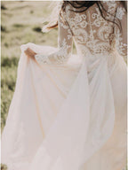 Robe de mariée trapèze en dentelle à manches longues et décolleté arrondi, style champêtre, référence WD521