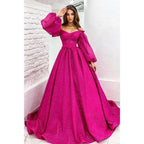 Vestido de fiesta fucsia brillante de corte línea A con escote redondo, mangas largas y bolsillos. 