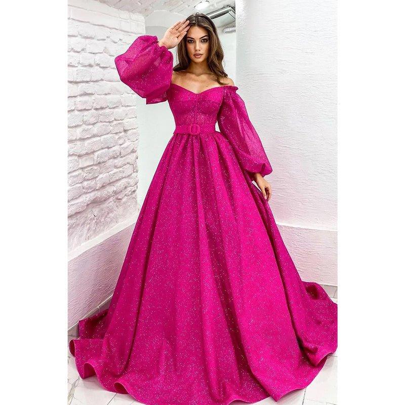 Vestido de fiesta fucsia brillante de corte línea A con escote redondo, mangas largas y bolsillos. 