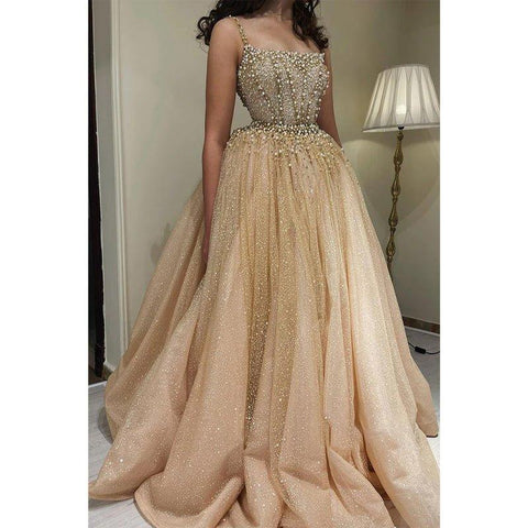 Vestido largo de noche formal de lujo con escote redondo y falda desmontable, corte en A y cuentas. 