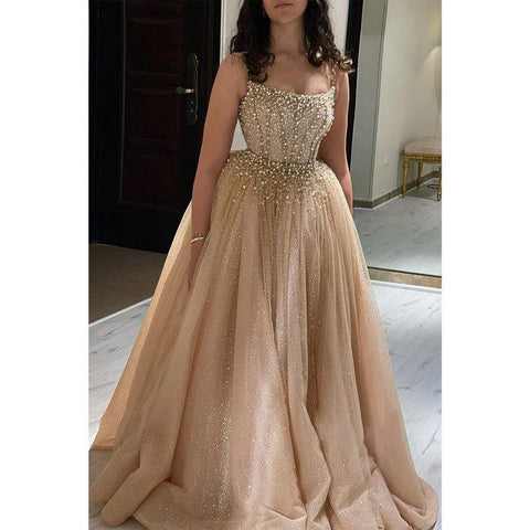 Vestido largo de noche formal de lujo con escote redondo y falda desmontable, corte en A y cuentas. 