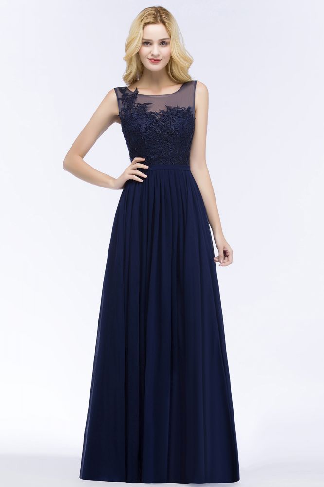 Vestido de dama de honor corte A, escote redondo, apliques de gasa, largo hasta el suelo, sin mangas.