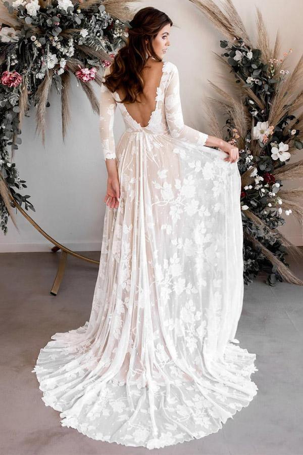Robe de mariée en dentelle, coupe trapèze, col rond, manches longues, modèle WD503