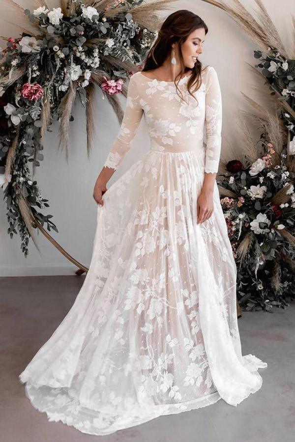Robe de mariée en dentelle, coupe trapèze, col rond, manches longues, modèle WD503