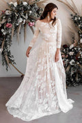 Robe de mariée en dentelle, coupe trapèze, col rond, manches longues, modèle WD503