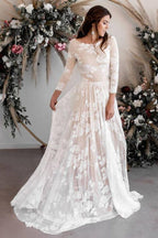 Robe de mariée en dentelle, coupe trapèze, col rond, manches longues, modèle WD503