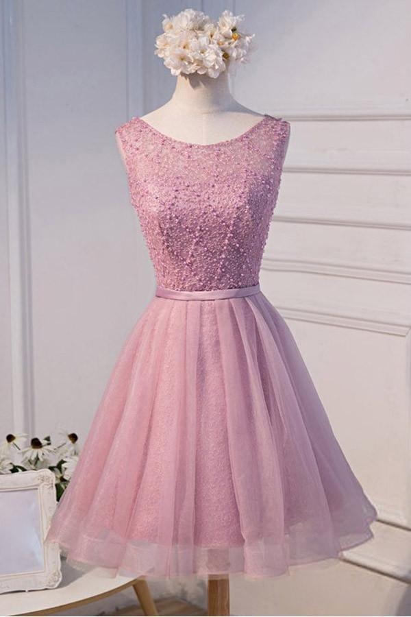 Vestido corto de tul con escote redondo y corte en A para baile de bienvenida, con pedrería PG135