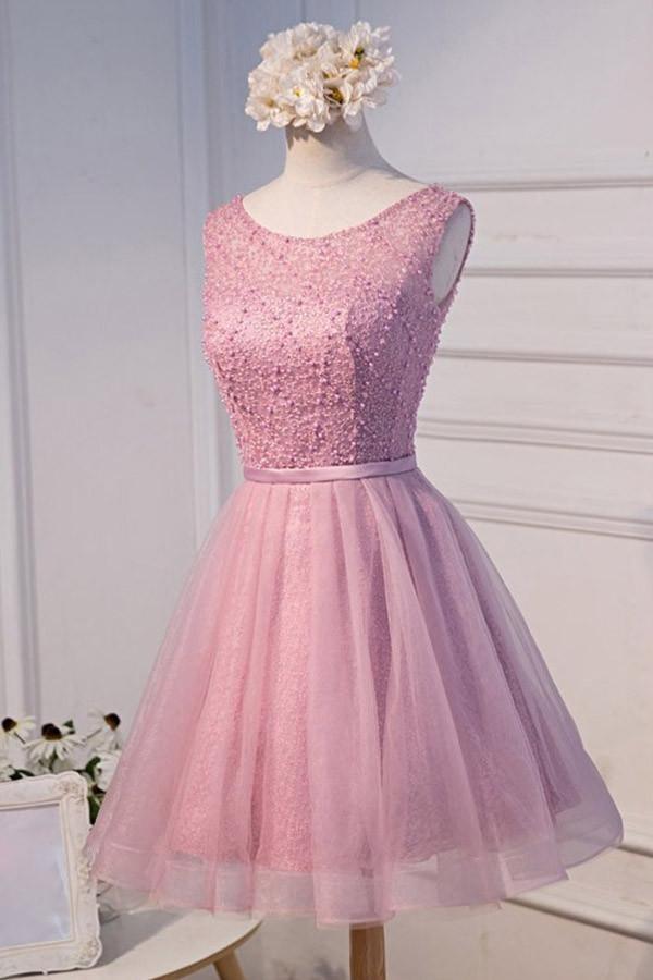 Vestido corto de tul con escote redondo y corte en A para baile de bienvenida, con pedrería PG135