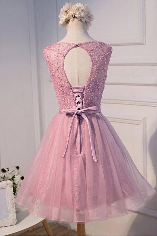 Vestido corto de tul con escote redondo y corte en A para baile de bienvenida, con pedrería PG135