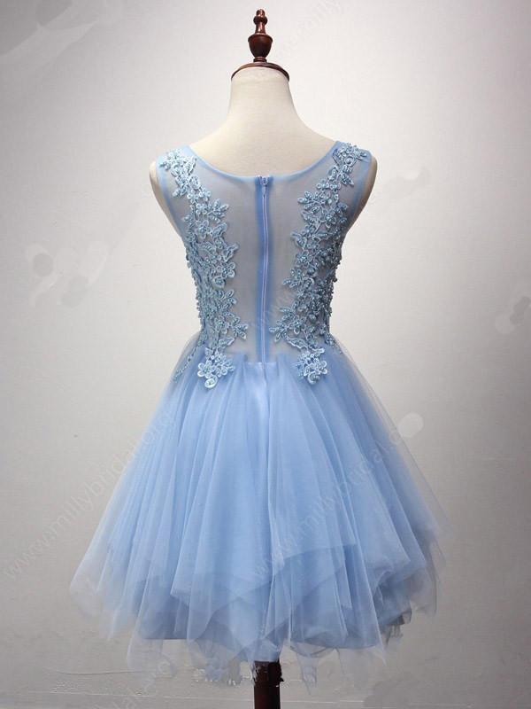 Vestidos de fiesta cortos/mini de tul con escote redondo y corte en A, detalles de perlas PG124