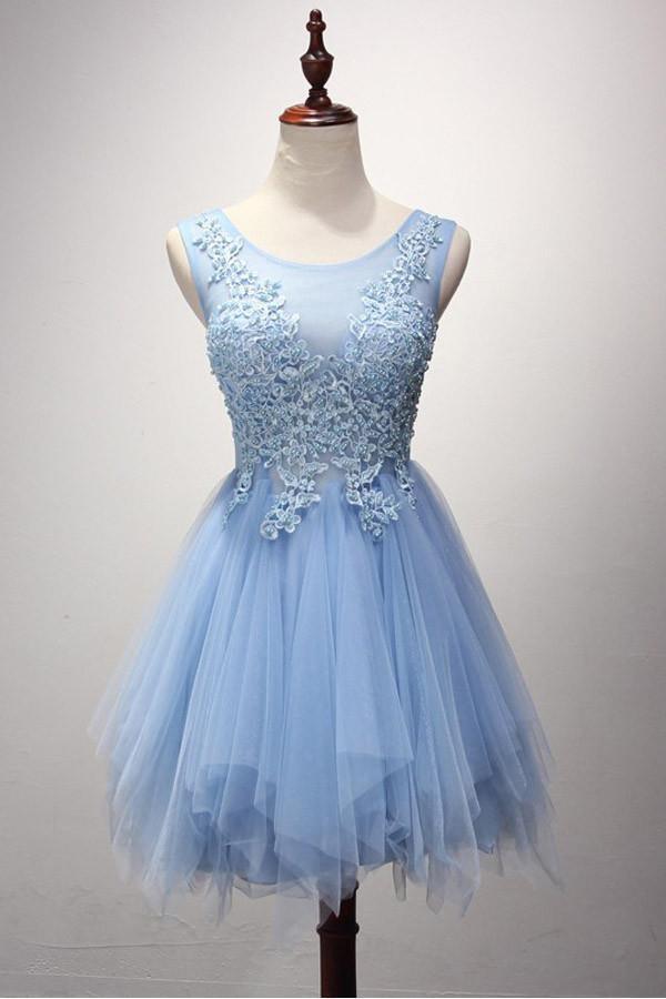 Vestidos de fiesta cortos/mini de tul con escote redondo y corte en A, detalles de perlas PG124