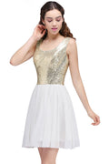 Vestidos blancos cortos de lentejuelas con escote redondo y corte en A para fiestas de bienvenida