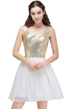 Vestidos blancos cortos de lentejuelas con escote redondo y corte en A para fiestas de bienvenida