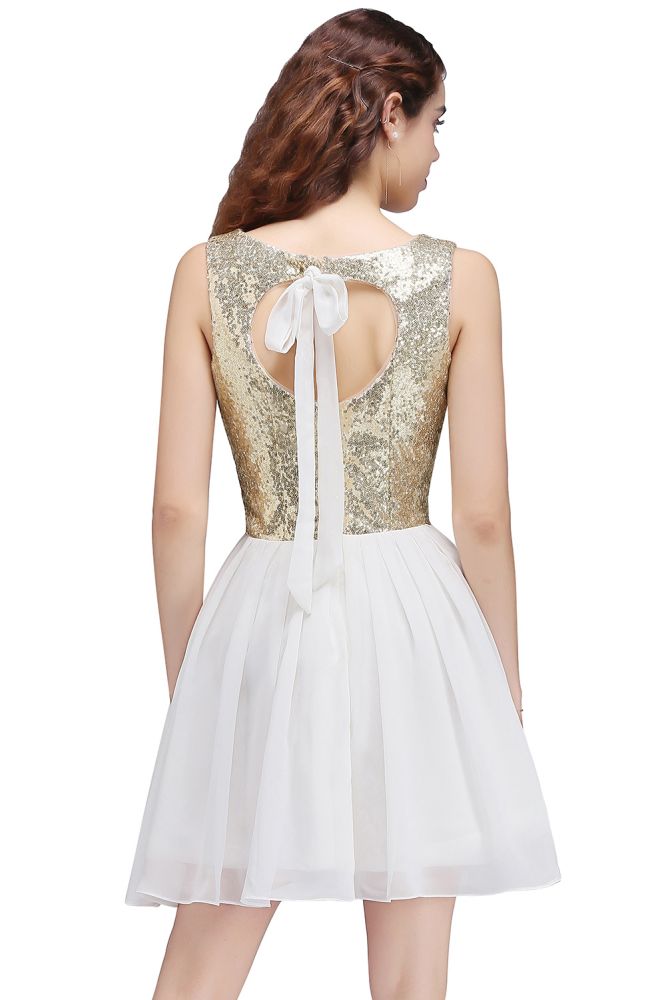 Vestidos blancos cortos de lentejuelas con escote redondo y corte en A para fiestas de bienvenida