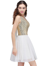 Vestidos blancos cortos de lentejuelas con escote redondo y corte en A para fiestas de bienvenida