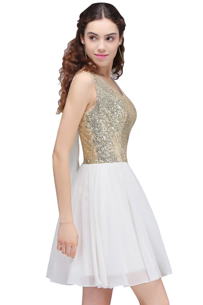 Vestidos blancos cortos de lentejuelas con escote redondo y corte en A para fiestas de bienvenida