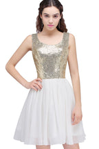 Vestidos blancos cortos de lentejuelas con escote redondo y corte en A para fiestas de bienvenida
