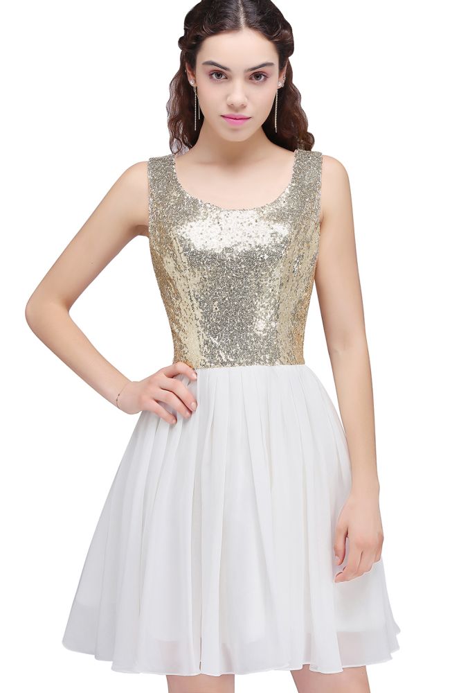Vestidos blancos cortos de lentejuelas con escote redondo y corte en A para fiestas de bienvenida