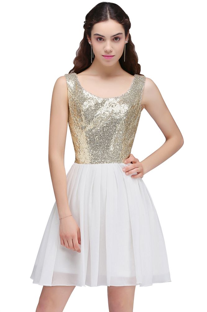 Vestidos blancos cortos de lentejuelas con escote redondo y corte en A para fiestas de bienvenida