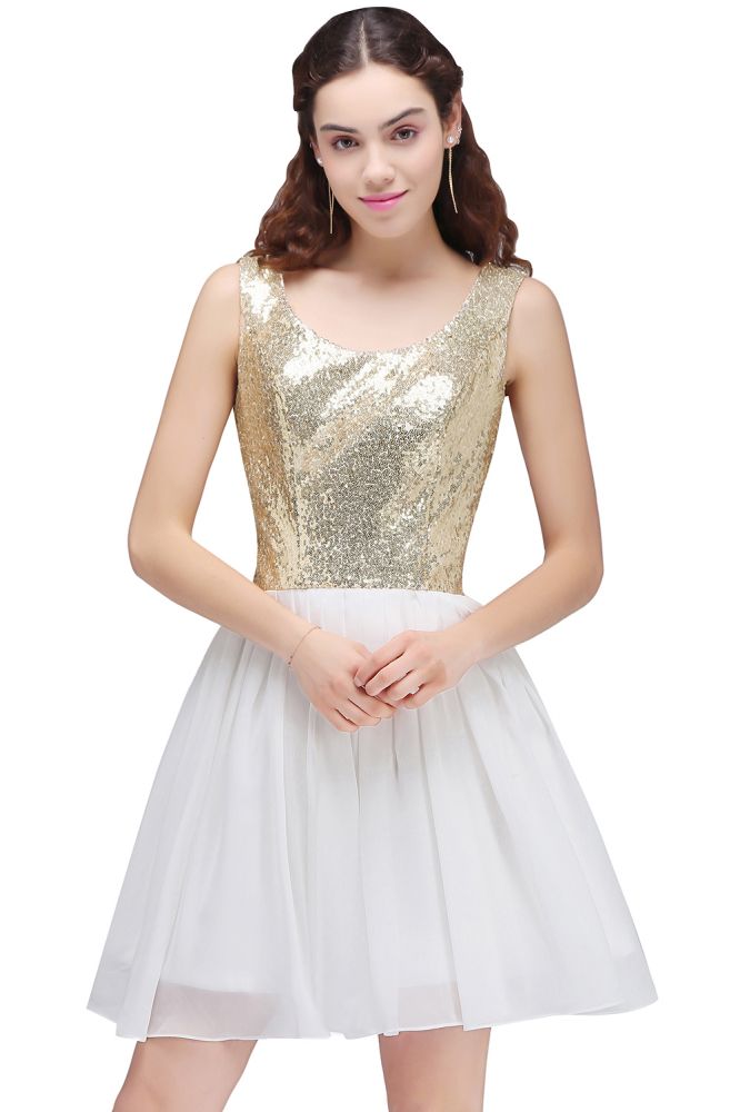 Vestidos blancos cortos de lentejuelas con escote redondo y corte en A para fiestas de bienvenida