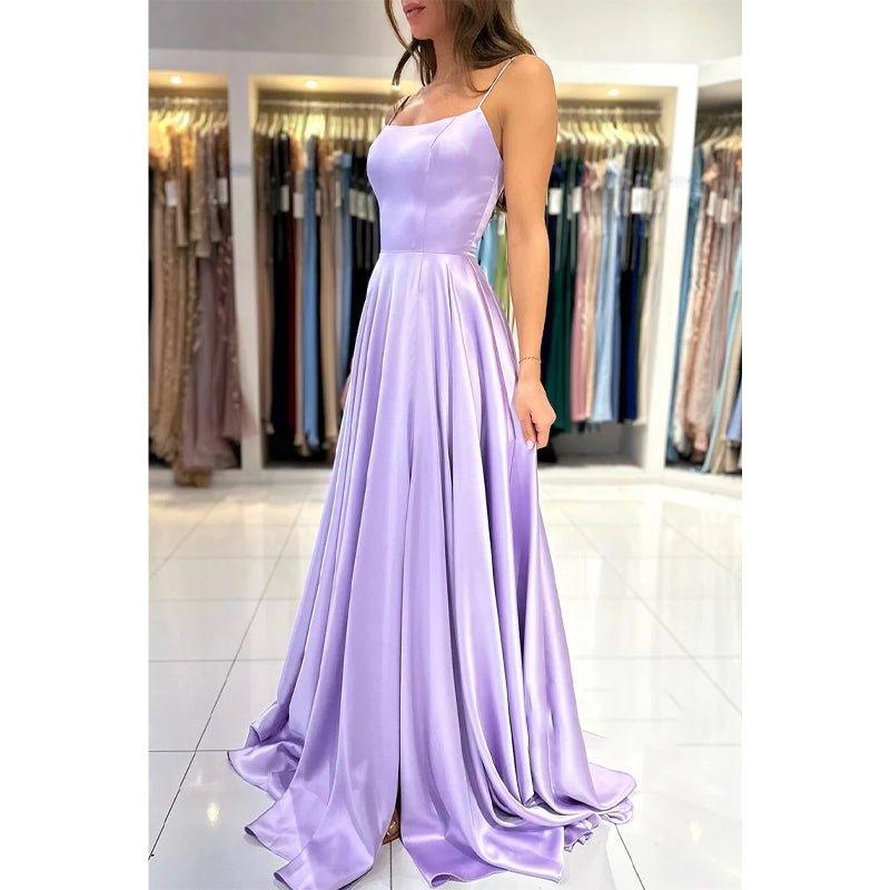 Vestidos largos de fiesta de corte línea A con escote redondo, abertura lateral y bolsillos