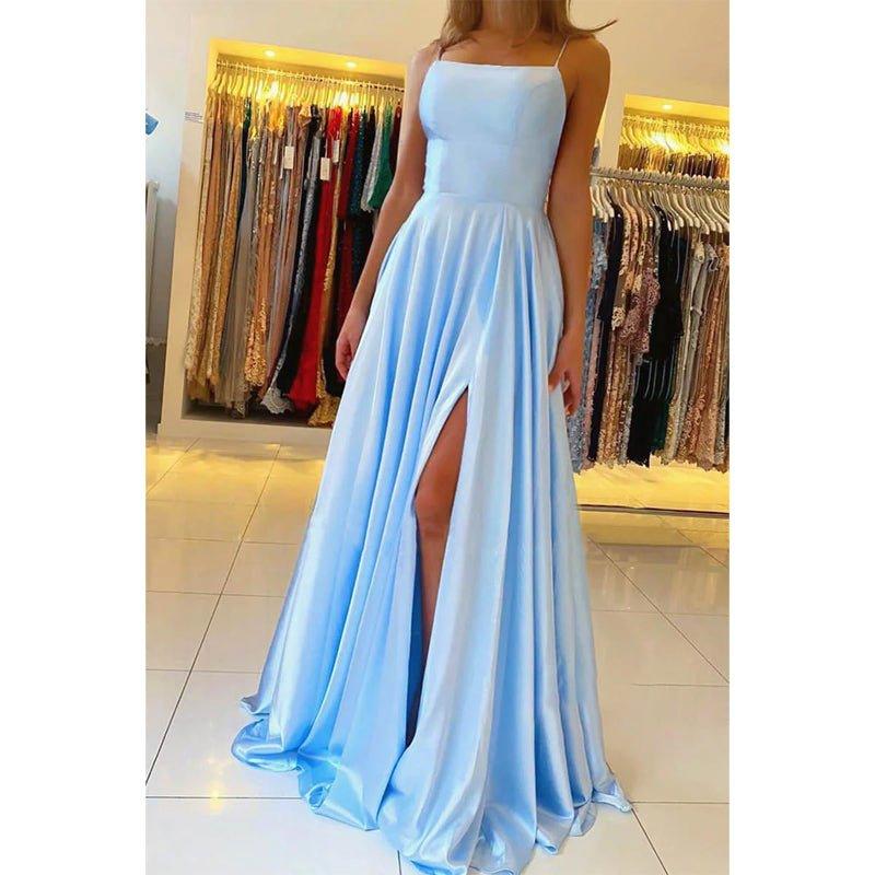 Vestido de fiesta largo sencillo, de satén elástico, corte en A, escote redondo y abertura alta.