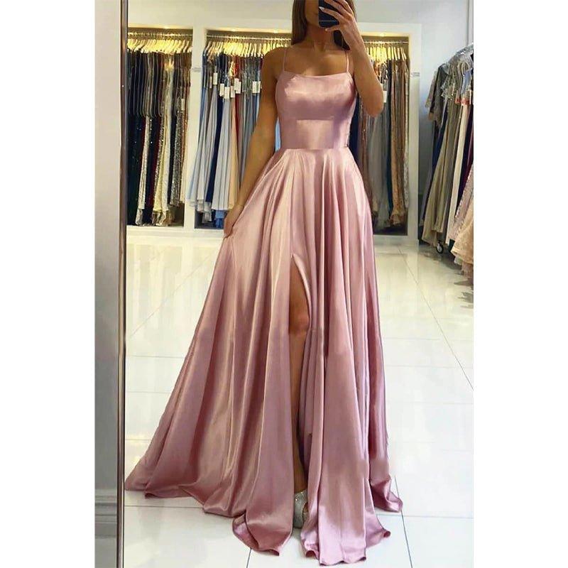Vestido de fiesta largo sencillo, de satén elástico, corte en A, escote redondo y abertura alta.