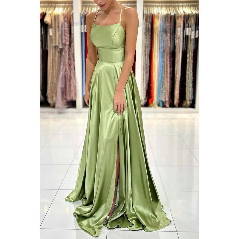 Vestido de fiesta largo sencillo, de satén elástico, corte en A, escote redondo y abertura alta.