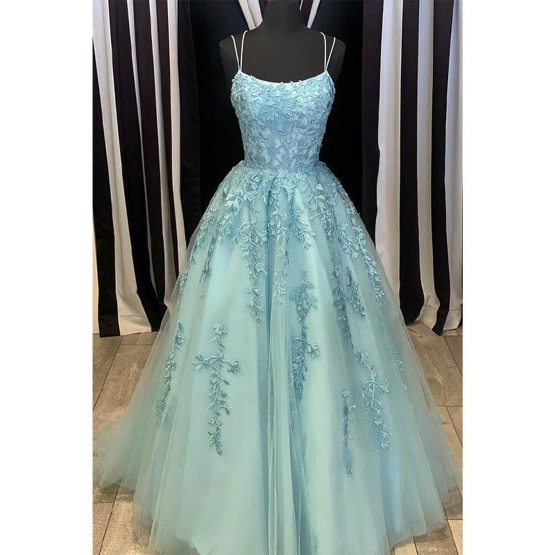 Vestido largo de fiesta de corte A con escote redondo y apliques de tul