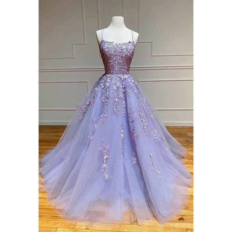 Vestido largo de fiesta de corte A con escote redondo y apliques de tul