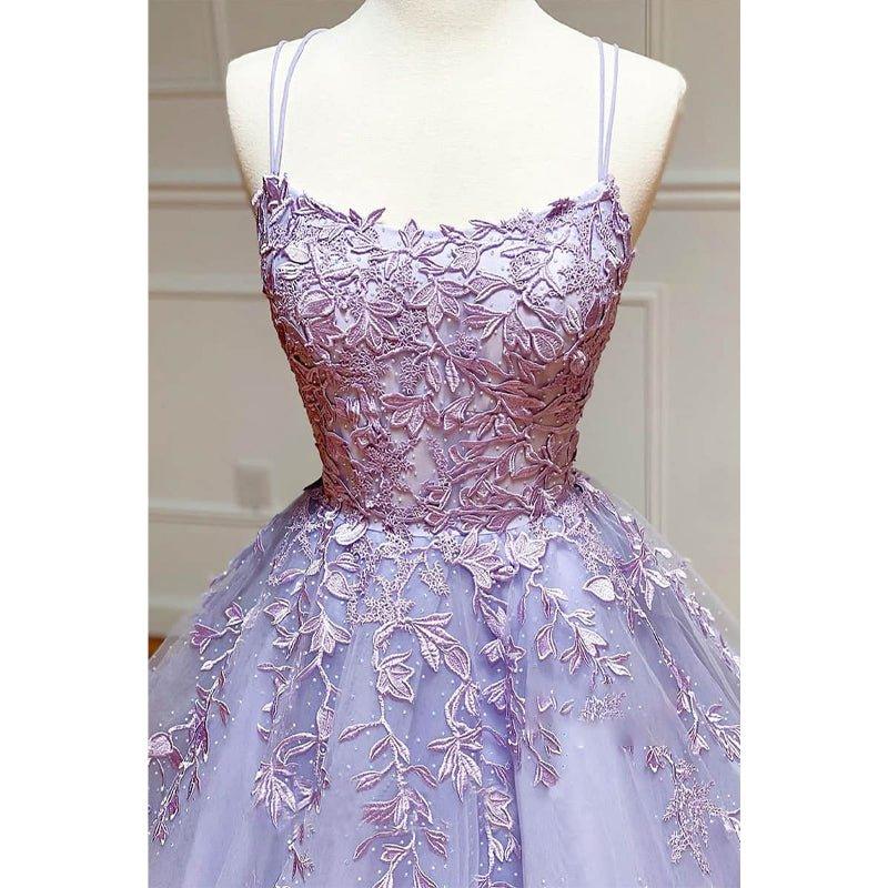 Vestido largo de fiesta de corte A con escote redondo y apliques de tul