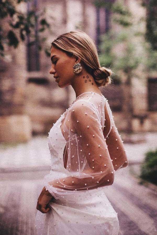 Vestidos de novia de corte A, tul transparente, manga larga, perlas WD336