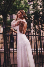 Vestidos de novia de corte A, tul transparente, manga larga, perlas WD336