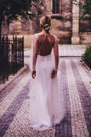 Vestidos de novia de corte A, tul transparente, manga larga, perlas WD336