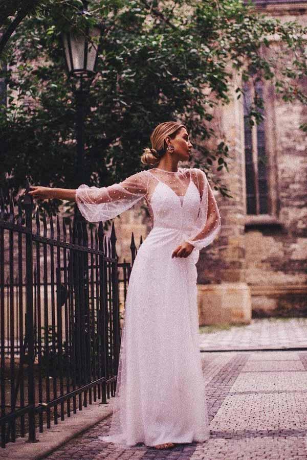 Vestidos de novia de corte A, tul transparente, manga larga, perlas WD336