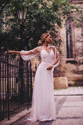 Vestidos de novia de corte A, tul transparente, manga larga, perlas WD336
