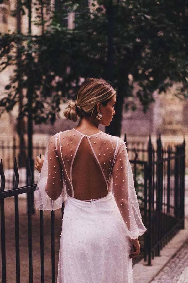Vestidos de novia de corte A, tul transparente, manga larga, perlas WD336