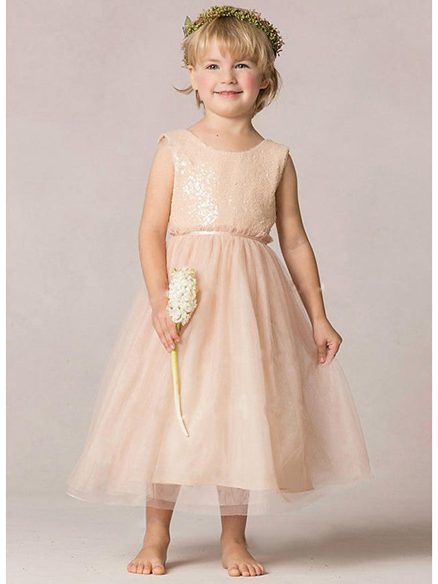 Vestidos de niña de las flores para bodas, fiesta, corte A, sin mangas, con lentejuelas y cuello joya.
