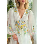 Vestido elegante de fiesta de graduación con escote en V profundo, apliques, mangas largas y abertura, corte en A. 