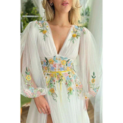 Vestido elegante de fiesta de graduación con escote en V profundo, apliques, mangas largas y abertura, corte en A. 