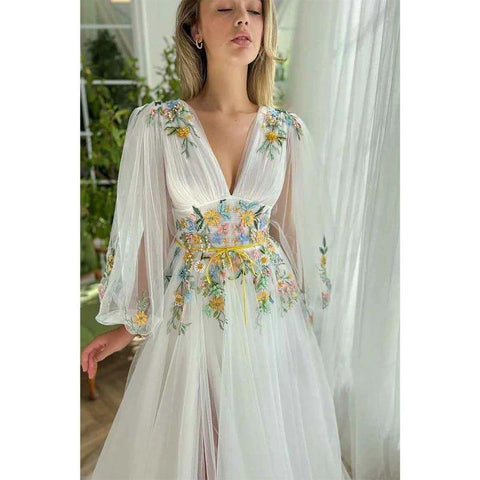 Vestido elegante de fiesta de graduación con escote en V profundo, apliques, mangas largas y abertura, corte en A. 